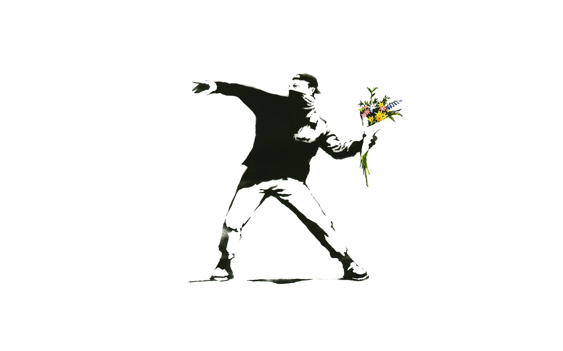 Minimalism White Background Banksy Graffiti Men Flowers Selective Coloring Protestors Wallpapers Hd Desktop And Mobile Backgrounds