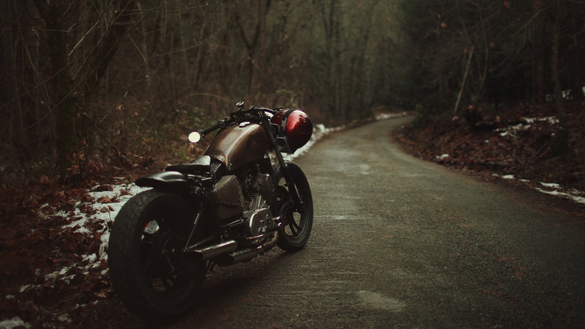 Bobber, Motorcycle, Nature, Snow, Trees, Leaves, Road, Helmet, Wheels Wallpaper