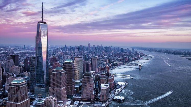 New York City, City, USA, Freedom Tower, Manhattan, Hudson River, Winter, River, One World Trade Center HD Wallpaper Desktop Background