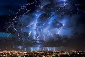 lightning, Nature, Electricity, Clouds, City, Photography, Cityscape, Night, Sky, Lights, Storm