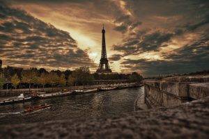 city, Paris, France, Eiffel Tower, River, Clouds, Overcast, Sunset, Boat