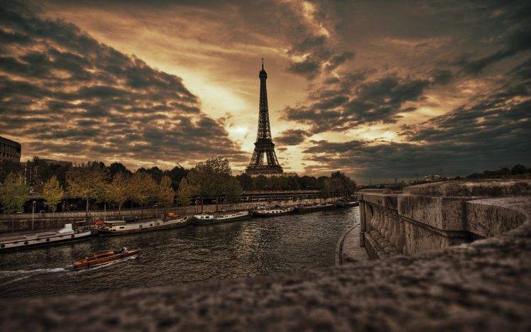 city, Paris, France, Eiffel Tower, River, Clouds, Overcast, Sunset, Boat HD Wallpaper Desktop Background