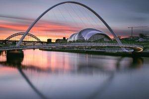 cityscape, Architecture, City, Building, Urban, Newcastle, England, UK, Bridge, Modern, River, Evening, Sunset, Clouds, Reflection, Cranes (machine), Long Exposure