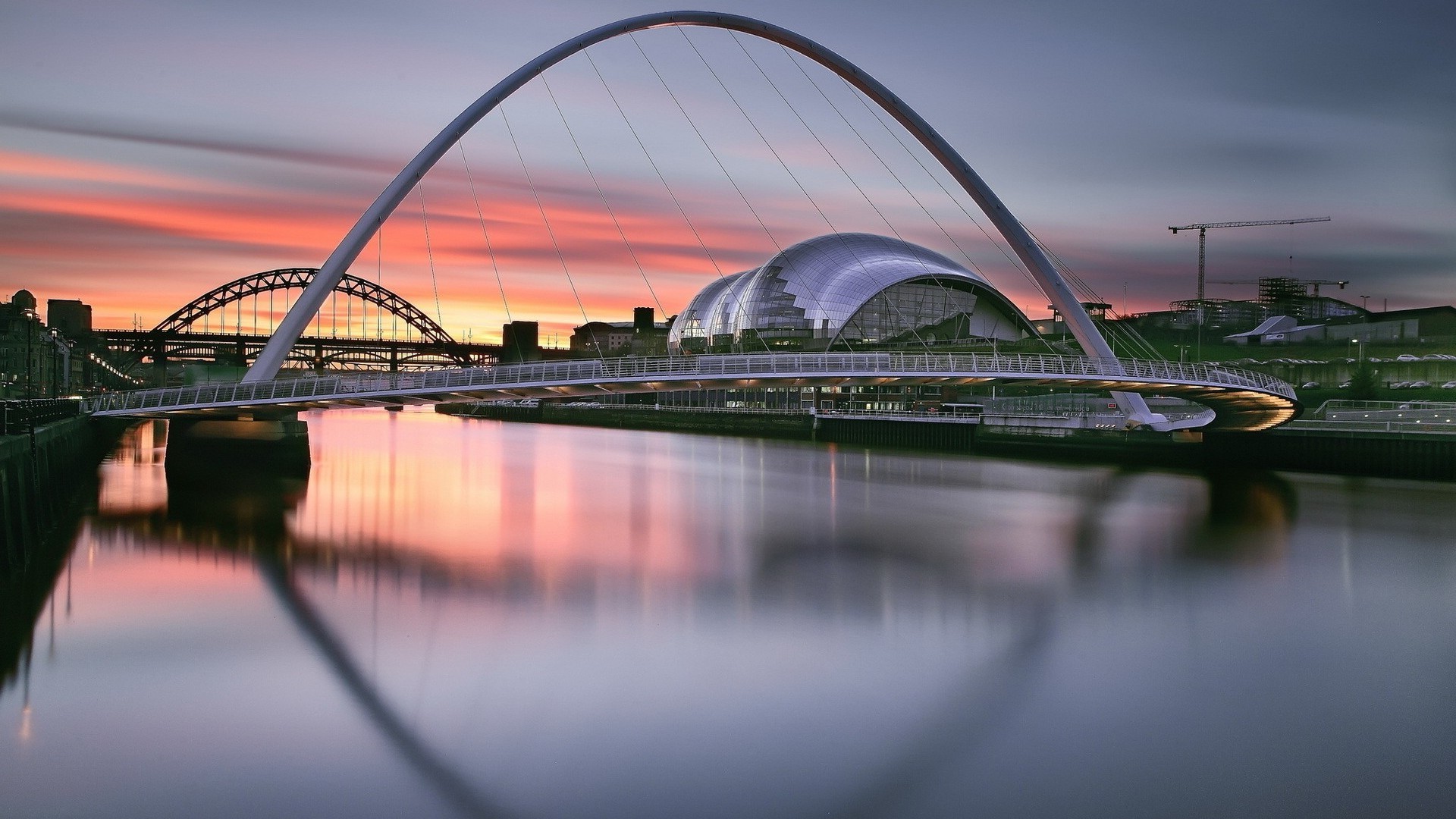 cityscape, Architecture, City, Building, Urban, Newcastle, England, UK, Bridge, Modern, River, Evening, Sunset, Clouds, Reflection, Cranes (machine), Long Exposure Wallpaper