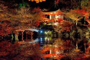 nature, Trees, Forest, Leaves, Fall, Branch, Japan, Bridge, Night, Asian Architecture, Lights, Lake, Water, Rock, Reflection, Stairs