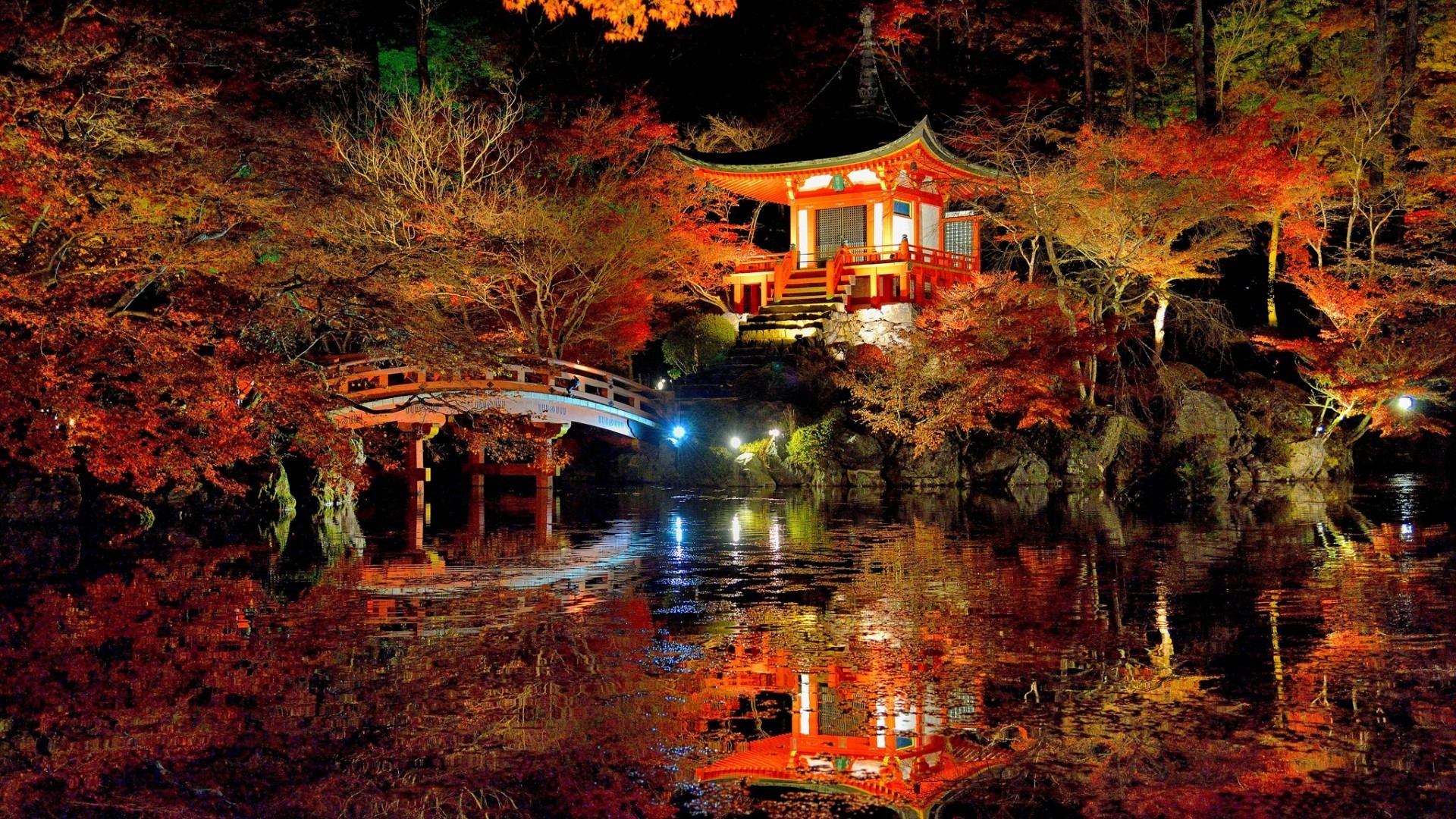 nature, Trees, Forest, Leaves, Fall, Branch, Japan, Bridge, Night, Asian Architecture, Lights, Lake, Water, Rock, Reflection, Stairs Wallpaper