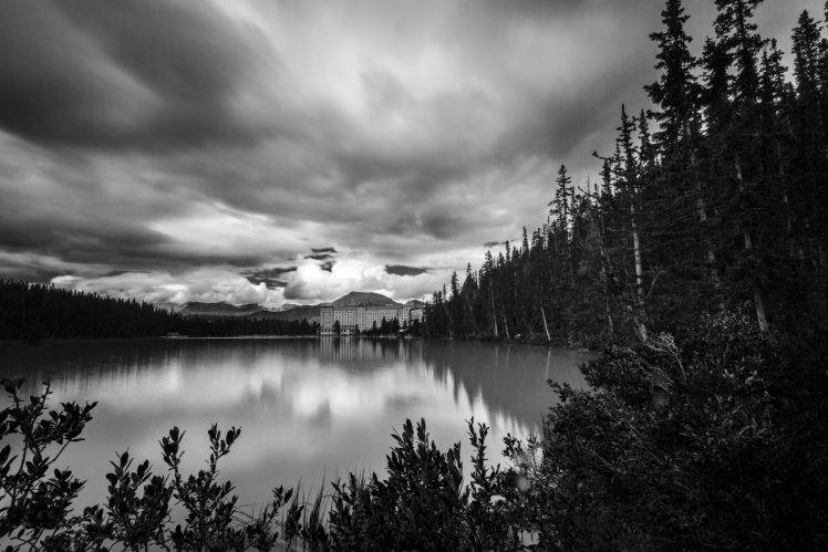 monochrome, Lake, Forest, Building HD Wallpaper Desktop Background