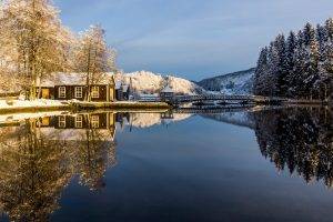 nature, Water, Reflection, Trees, Snow, Winter, Building