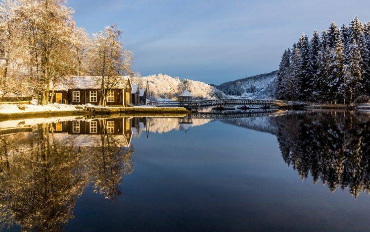 nature, Water, Reflection, Trees, Snow, Winter, Building HD Wallpaper Desktop Background