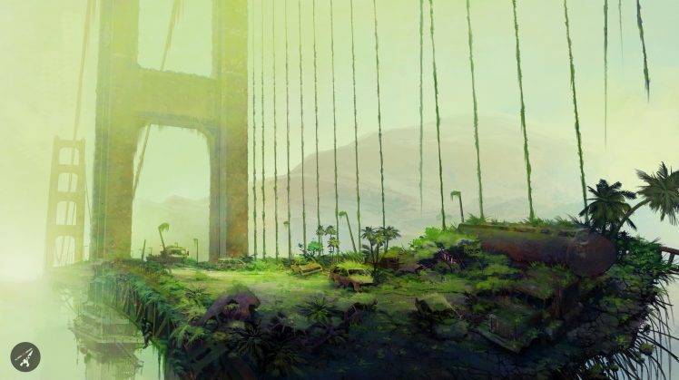 artwork, Apocalyptic, Nature, Golden Gate Bridge, Forest, Green HD Wallpaper Desktop Background