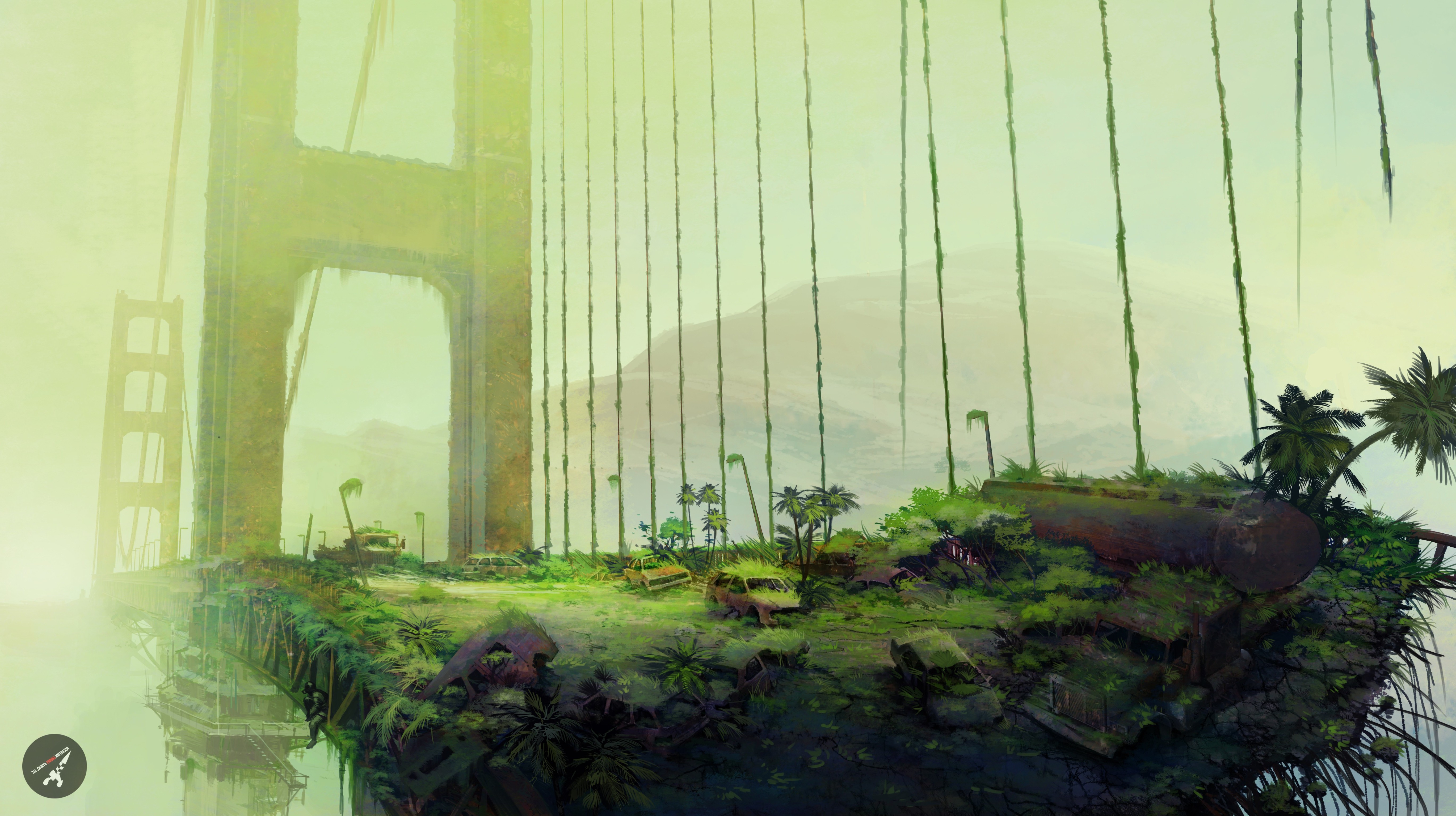 artwork, Apocalyptic, Nature, Golden Gate Bridge, Forest, Green Wallpaper