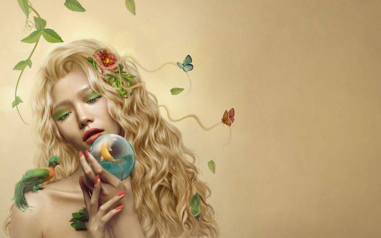 women, Blonde, Artwork, Fish, Birds, Butterfly, Painted Nails, Wavy Hair, Flowers, Flower In Hair, Leaves HD Wallpaper Desktop Background
