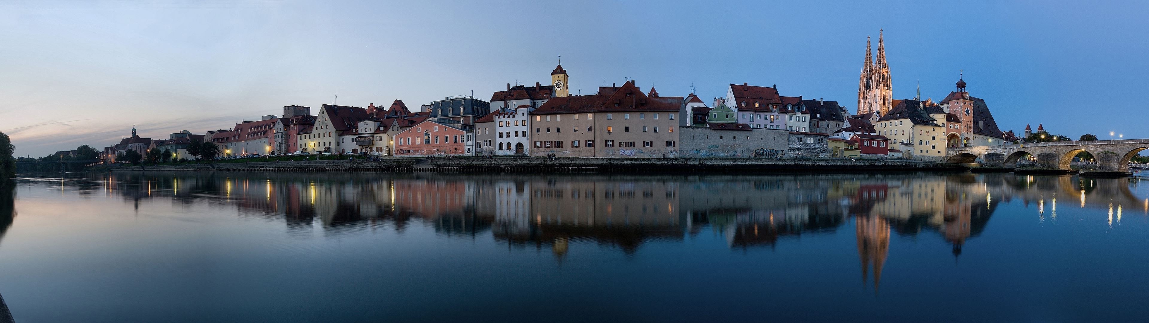 Regensburg, Germany, City, Reflection, River, Sunset, Multiple Display Wallpaper