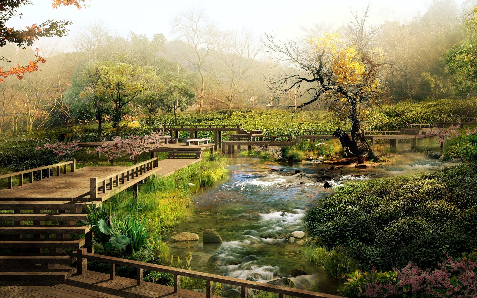 bridge, Lake, Park, CGI Wallpaper