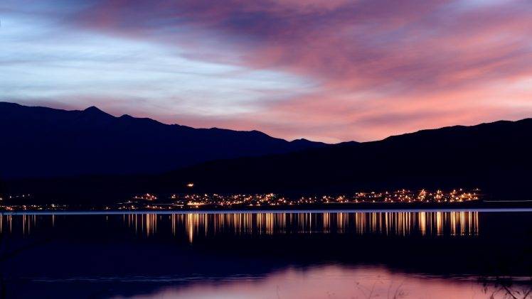 water, Reflection, Sunset, City, Cityscape, Lights, Mountain, Calm, Lake, Evening HD Wallpaper Desktop Background
