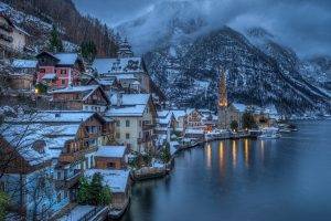 city, Mountain, Mist, Sea, Overcast, Snow, Winter, Austria, Hallstatt, Lake