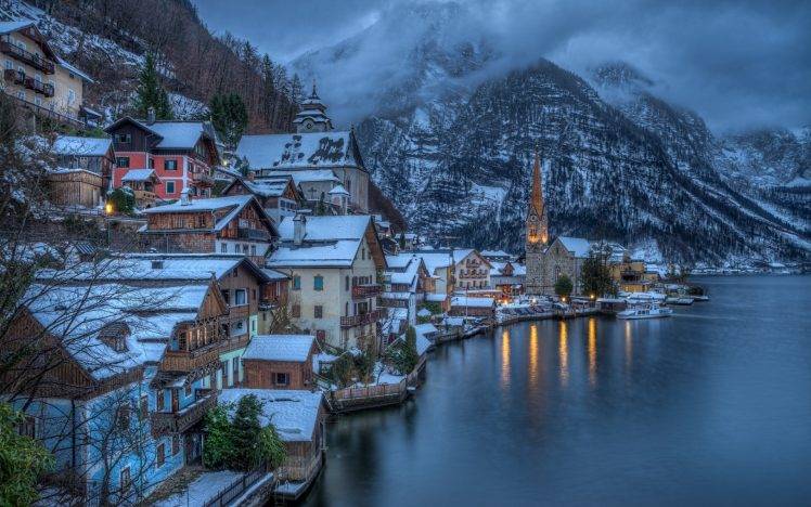 city, Mountain, Mist, Sea, Overcast, Snow, Winter, Austria, Hallstatt, Lake HD Wallpaper Desktop Background