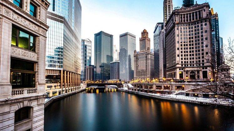 city, Chicago, Long Exposure, Skyscraper, River HD Wallpaper Desktop Background