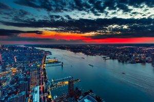 cityscape, City, Water, Clouds, Building, New York City, Manhattan, USA, Hudson River, Sunset, Evening