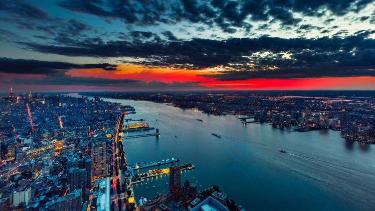 cityscape, City, Water, Clouds, Building, New York City, Manhattan, USA, Hudson River, Sunset, Evening HD Wallpaper Desktop Background