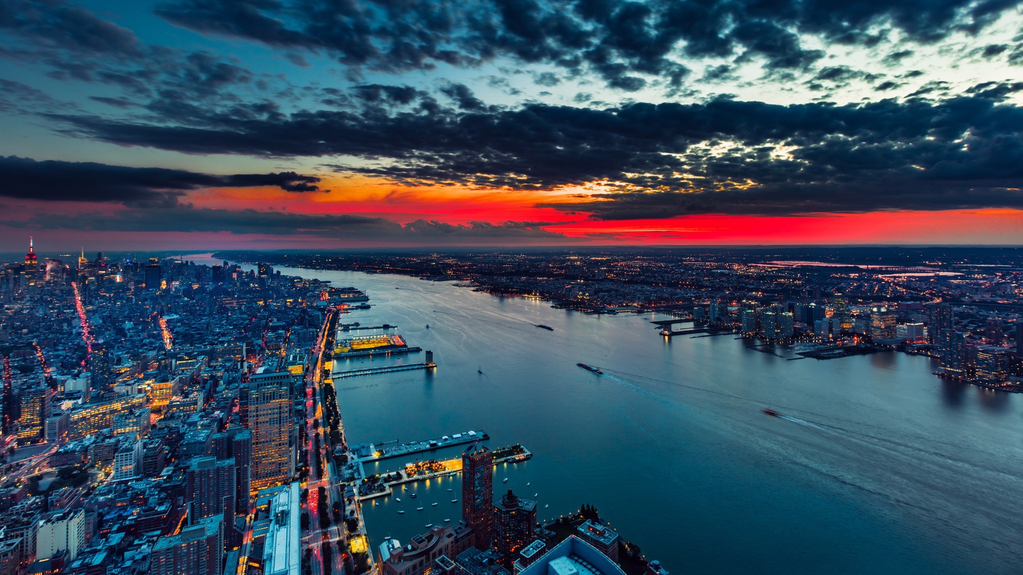 cityscape, City, Water, Clouds, Building, New York City, Manhattan, USA, Hudson River, Sunset, Evening Wallpaper