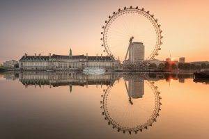 London, England, City, Sea, Water, Reflection, London Eye, Ferris Wheel, River, River Thames, Sunset, Architecture