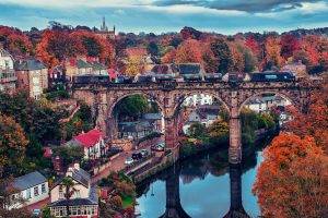 city, Bridge, Train, River, Reflection, Fall, Trees, Architecture, England, Knaresborough, Red Leaves