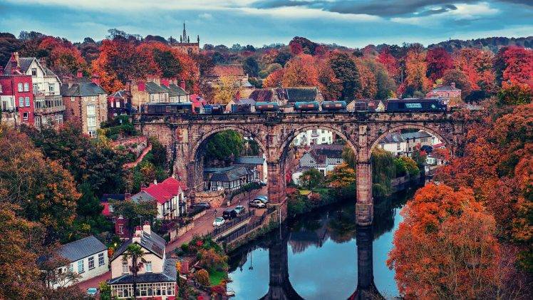 city, Bridge, Train, River, Reflection, Fall, Trees, Architecture, England, Knaresborough, Red Leaves HD Wallpaper Desktop Background