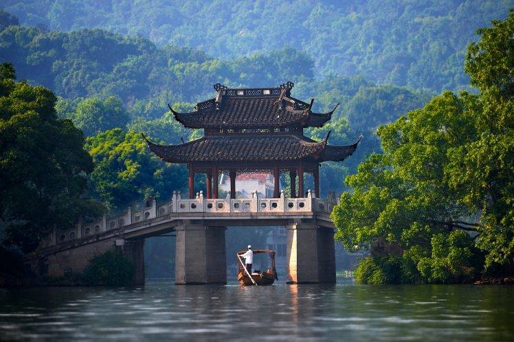 China, Bridge, River, Canoes HD Wallpaper Desktop Background