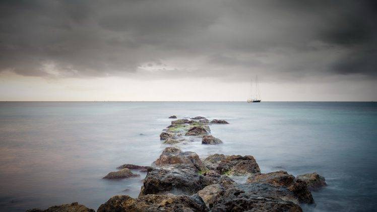 nature, Sea, Water, Boat, Sailing Ship, Ship, Rock, Long Exposure HD Wallpaper Desktop Background