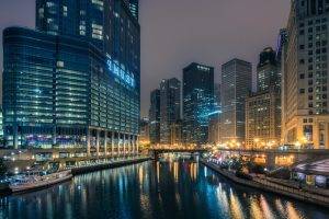 Chicago, USA, City, Night, River, Reflection, Building