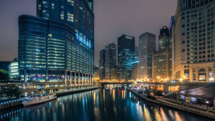 Chicago, USA, City, Night, River, Reflection, Building HD Wallpaper Desktop Background