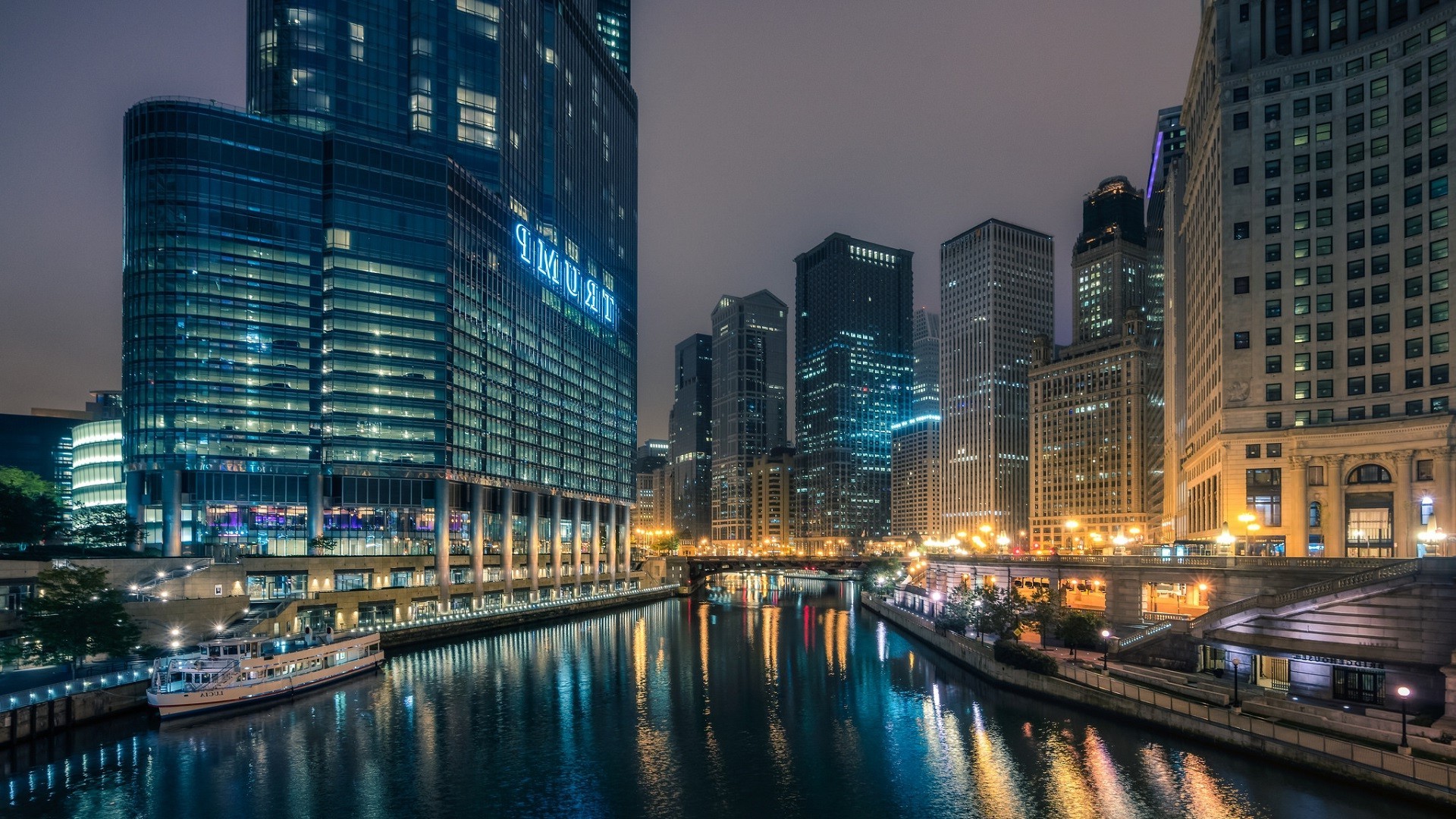 Chicago, USA, City, Night, River, Reflection, Building Wallpaper