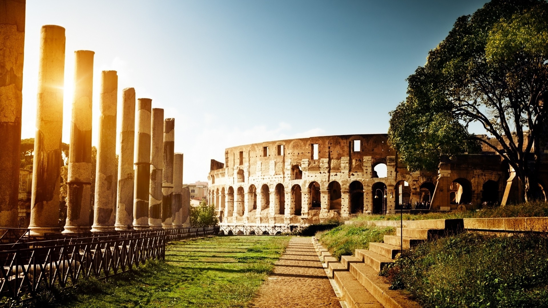 architecture, Nature, Trees, Sun, Pillar, Stone, Colosseum, Rome, Italy, Capital, Stairs, Sunlight, Path, Field, Grass, Arena, Arch, Building, Monuments Wallpaper