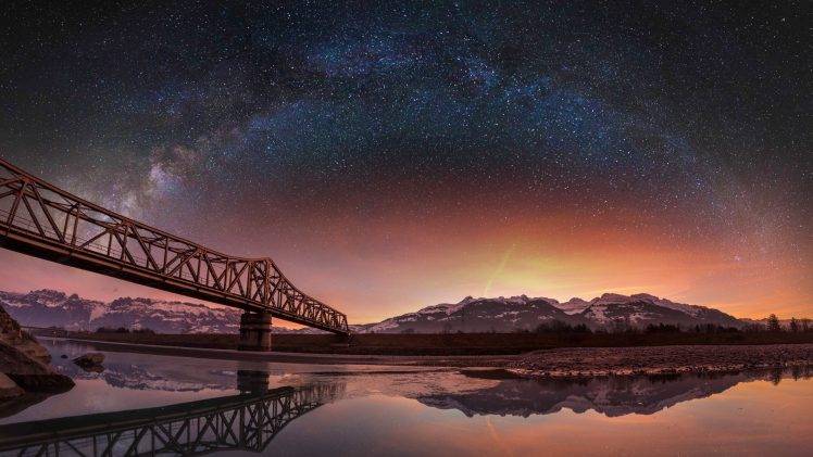 lake, Bridge, Stars, Switzerland HD Wallpaper Desktop Background