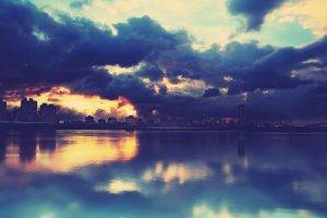 city, Reflection, Lake, Clouds