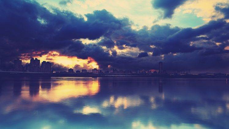 city, Reflection, Lake, Clouds HD Wallpaper Desktop Background