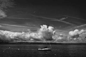 monochrome, Sea, Boat, Clouds, Nature