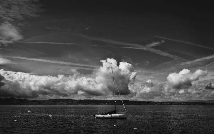 monochrome, Sea, Boat, Clouds, Nature HD Wallpaper Desktop Background