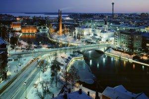 city, Long Exposure, Street, Finland, Snow, Bridge, River