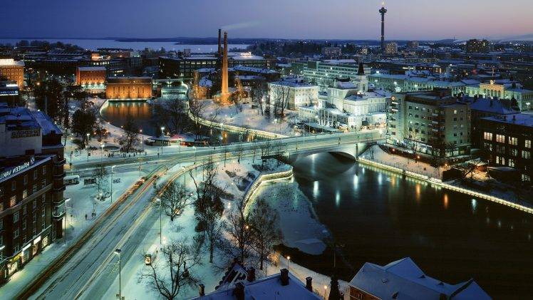city, Long Exposure, Street, Finland, Snow, Bridge, River HD Wallpaper Desktop Background