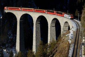 train, Railway, Bridge, Switzerland, Nature, Trees, Mountain, Winter, Snow, Arch, Hill, Forest