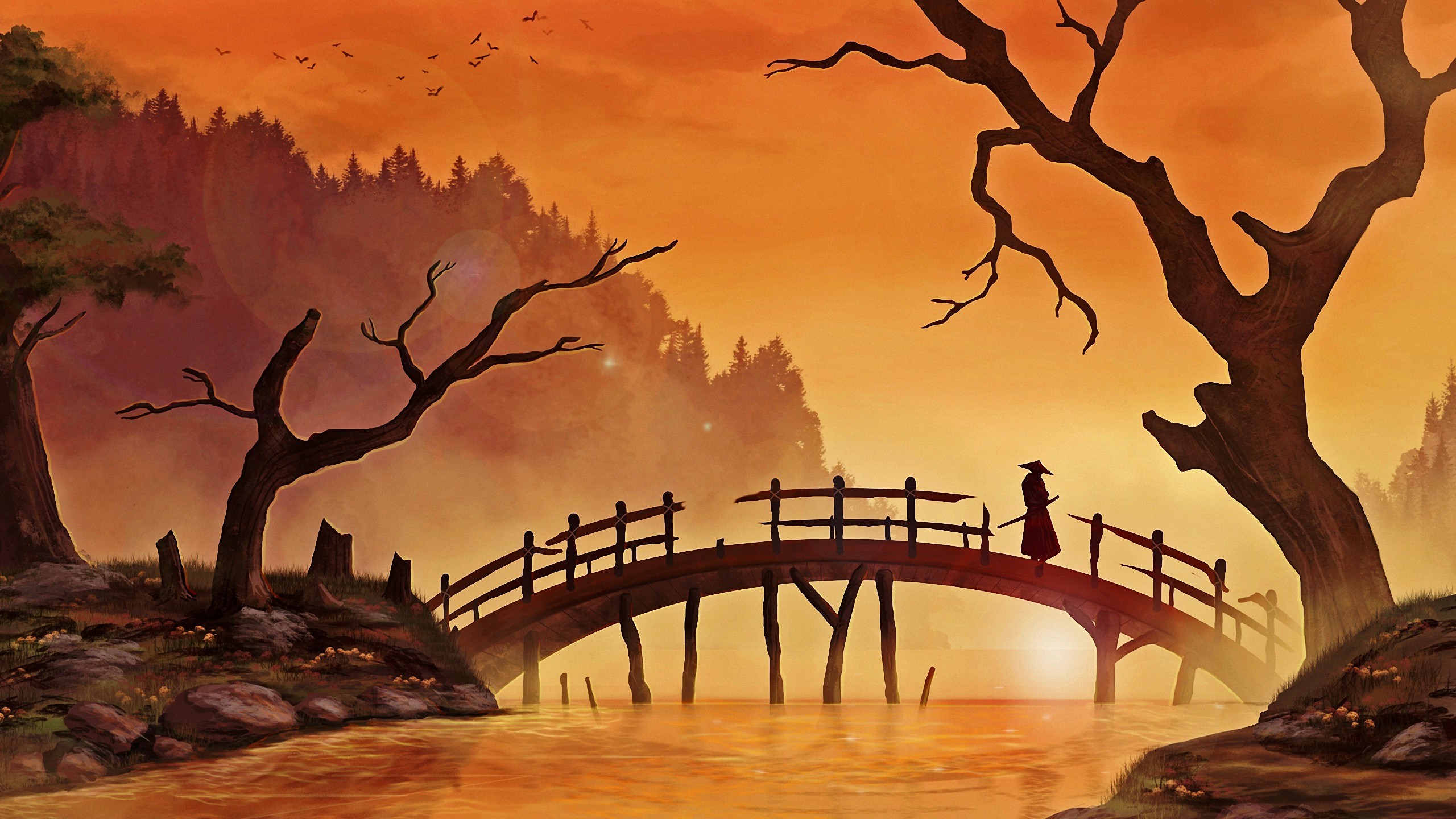 digital Art, Nature, Trees, Forest, Painting, Japanese, Branch, Bridge, Wood, Water, River, Grass, Sunlight, Samurai, Men, Silhouette, Birds, Hill, Katana Wallpaper