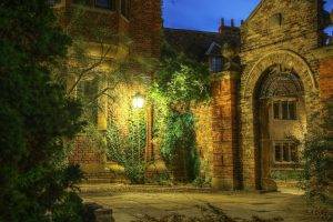 architecture, Old Building, Trees, Nature, Bricks, Plants, England, UK, Cottage, HDR, Evening, Lights, Lamps, Lantern, Arch, Window, Gates, Tiles