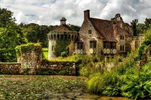 architecture, Old Building, Trees, Nature, Bricks, Plants, England, UK, Scotney Castle, HDR, Clouds, Forest, Lake, Couple