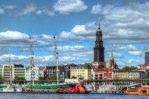 city, Cityscape, Architecture, Sky, Building, Hamburg, Germany, Ports, Dock, Clouds, Church, Ship, People, HDR, River, Flag, Old Building