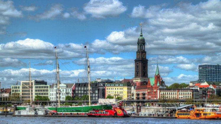 city, Cityscape, Architecture, Sky, Building, Hamburg, Germany, Ports, Dock, Clouds, Church, Ship, People, HDR, River, Flag, Old Building HD Wallpaper Desktop Background