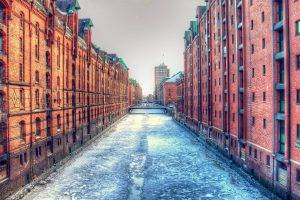 city, Cityscape, Architecture, Sky, Building, Hamburg, Germany, Ports, Dock, River, Winter, Old Building, Bridge, HDR, Ice, Bricks, Frozen River
