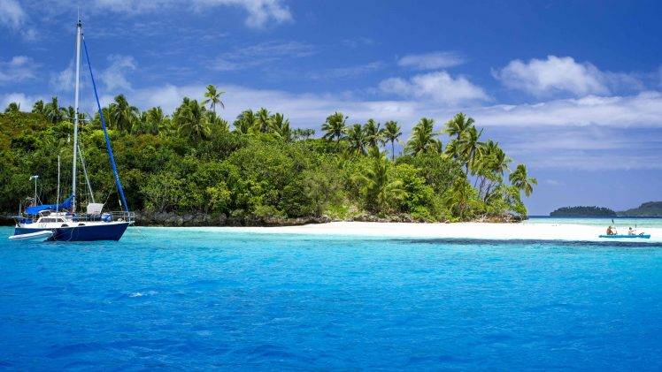 tropical Island, Nature, Palm Trees, Boat, Sea HD Wallpaper Desktop Background