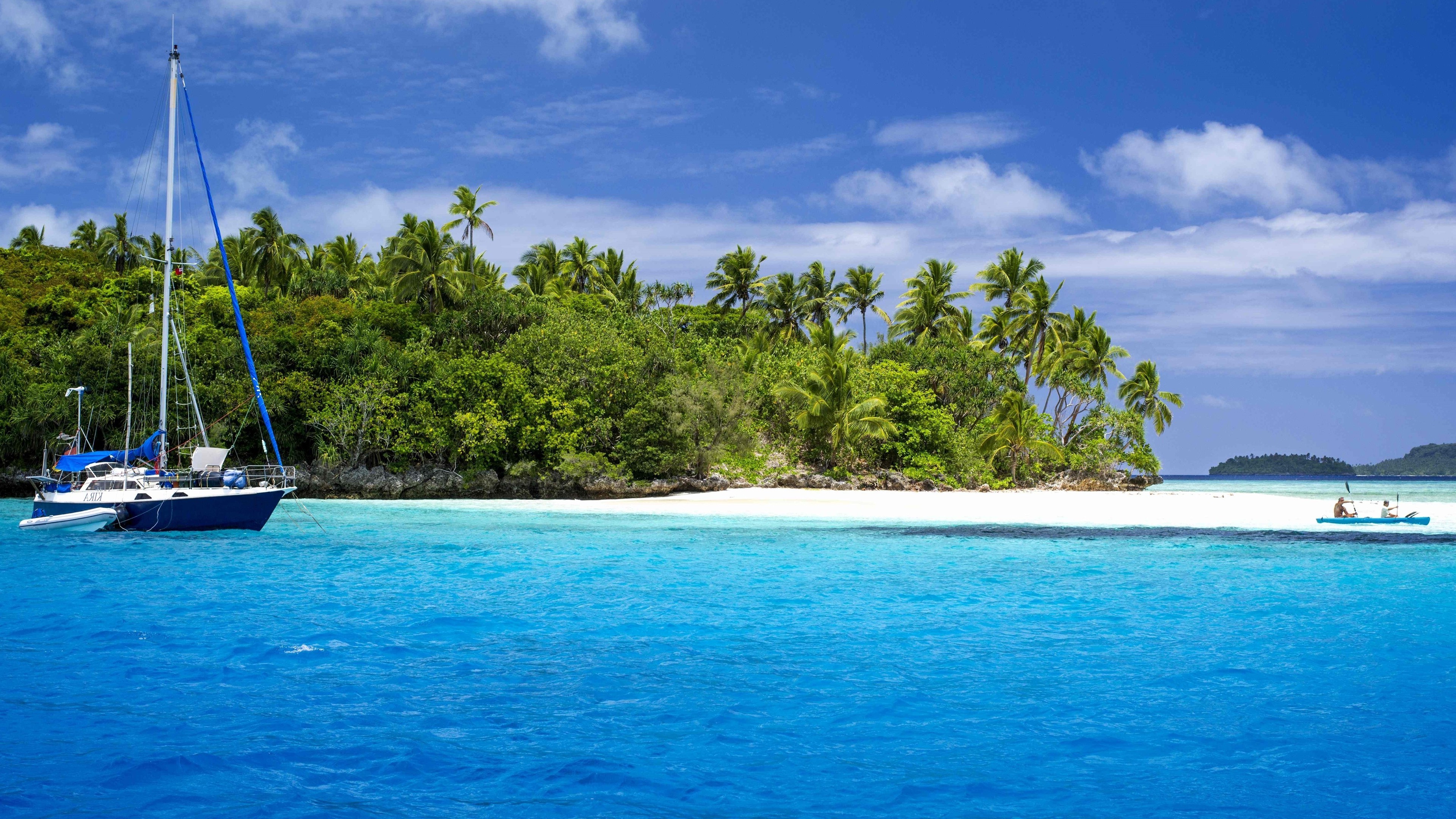 tropical Island, Nature, Palm Trees, Boat, Sea Wallpaper